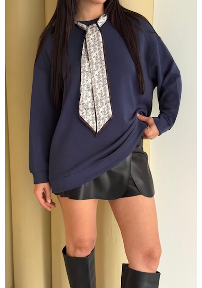 Balenbi Premium Modal Fular Detaylı Bisiklet Yaka Oversize Tunik 1177 Lacivert