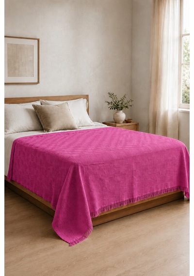 %100 Pamuk Dokuma Pike Çift Kişilik 200x230 Dama Desenli Saçaklı Pike Yatak Örtüsü Pembe
