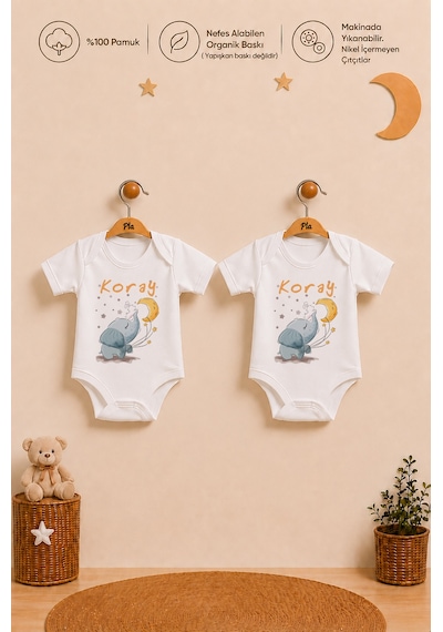 Pia Baby İsme Özel Erkek Bebek Hediye Seti 2'li %100 Pamuk Organik Baskılı Çıtçıtlı Body Zıbın Ve Ham Bez Bebek Kıyafet Kesesi 2068b2k2x Krem