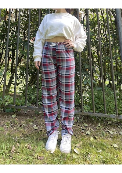 Kadın Pamuklu Ekose Desenli Pijama Altı Eşofman Kurdeleli