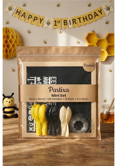 Bal Arısı Temalı Doğum Günü Süsleme Mini Set Siyah Keçe Yazı Panosu Standlı Balon Zincirli 1 Yaş Konsepti
