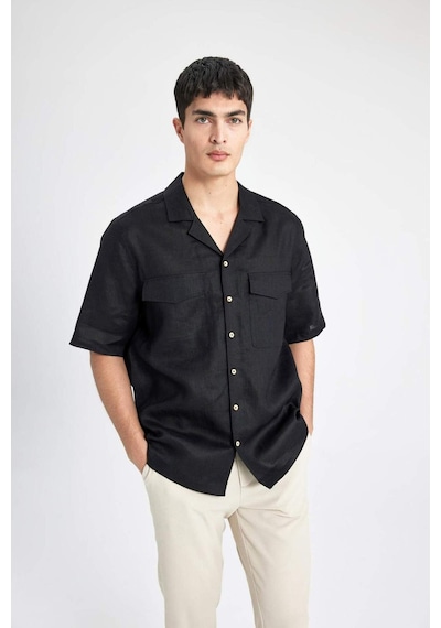DeFacto %100 Keten Relax Fit Polo Yaka Yazlık Basic Düz Kısa Kollu Gömlek B6687AX24SPBK27