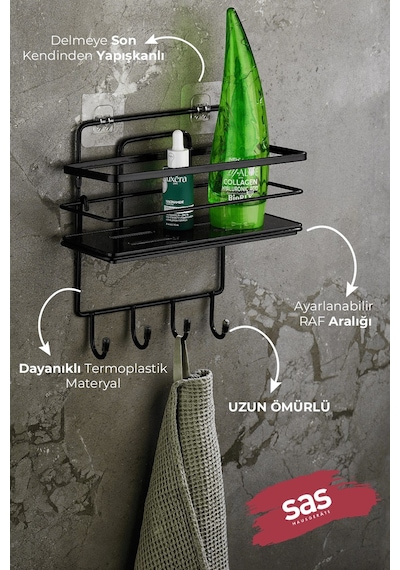 Sas Haus 4 Kancalı Yapışkanlı Ayarlanabilir Banyo Duş Rafı Paslanmaz Kristal Şampuanlık Yapıştır/vidala Siyah - Lş-01 - Sssk Siyah