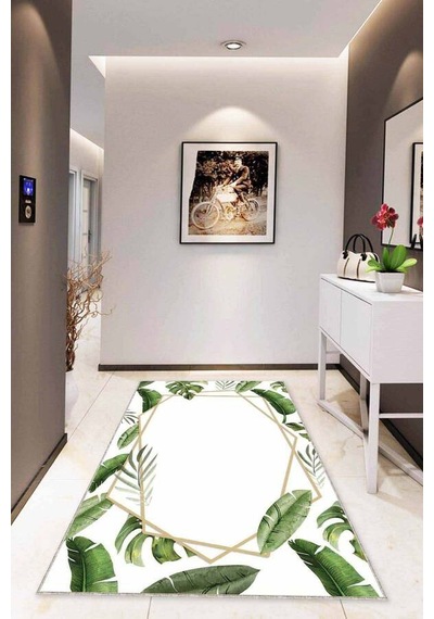 Yeşil Yapraklı Kaymaz Taban Makinede Yıkanabilir Halı Ar072n11