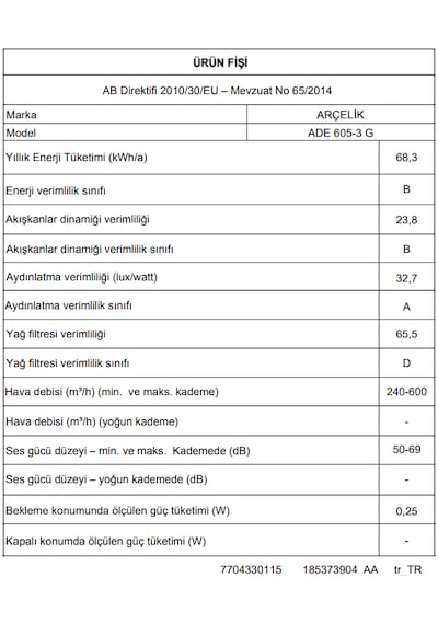 Arçelik ADE 605-3 G Ankastre Duvar Tipi Davlumbaz