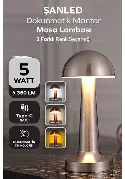 Krom Renk Şarjlı Led Masa Lambası Type-c Girişli Dokunmatik 3 Işık Modlu Gece Aydınlatması Krom