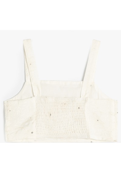 Koton Crop Bluz Çiçek Dokulu Kare Yaka Ekru Desenli 4skg60003ew Ekru