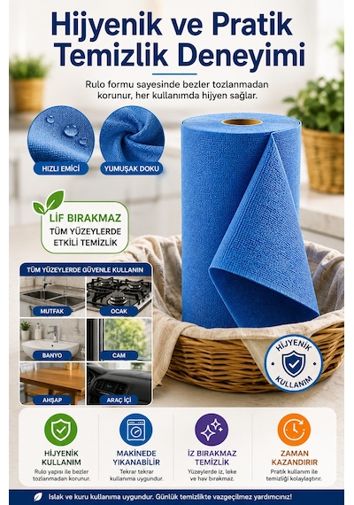 Kopar Kullan Mikrofiber Rulo Bez 20 Adet 25x32 Cm Islak Kuru Çok Amaçlı Temizlik Bezi Mutfak Banyo Mavi