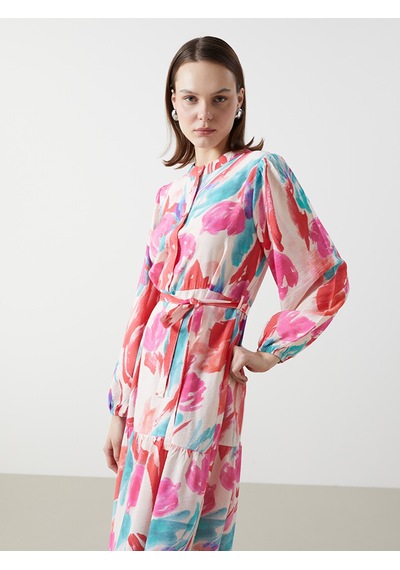 Lcw Modest Pembe Hakim Yaka Desenli Elbise