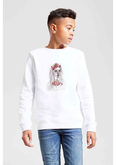 Tshirthane Billi E Eilish Karakalem Çizim Baskılı Unisex Çocuk Beyaz Sweat