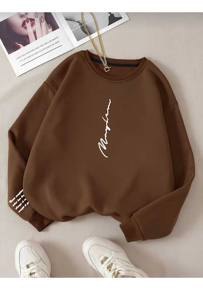 Kozia Outdoors Never Baskılı Oversize Unisex Bisiklet Yaka Sweatşhirt Kahverengi Kahverengi