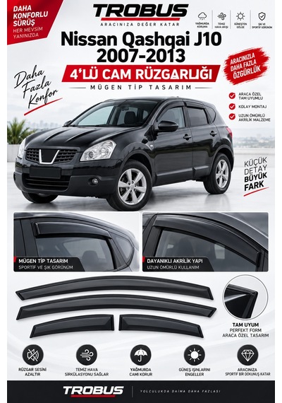 Premium Nissan Qashqai +2 2007-2013 Tüm Suv Modeller Uyumlu Rüzgarlık 4'lü