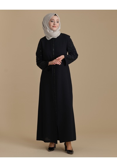 Siyah Kolları Kristal Taşlı Fermuarlı Tesettür Ferace 001