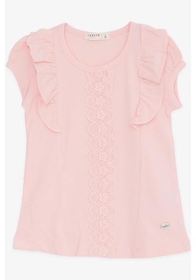 Breeze Kız Çocuk Tişört Fırfırlı Güpür Nakışlı 3-8 Yaş, Pembe Pembe