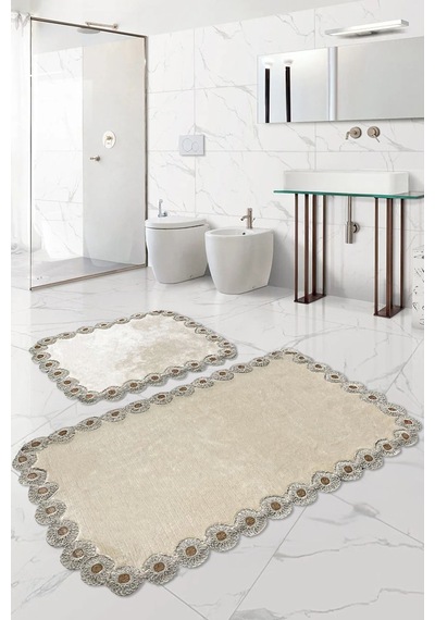 Gülruba Köşeli Vizon Çeyizlik Dantelli 2'li Banyo Paspası Seti Kaymaz Tabanlı Klozet Takımı