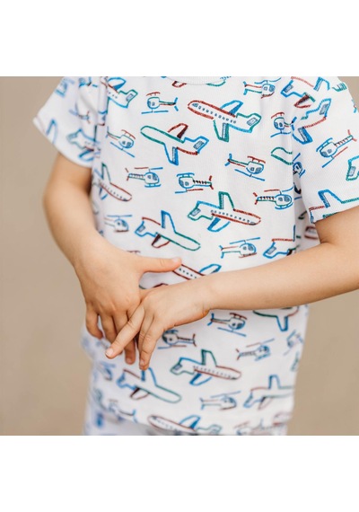 Antebies Organik Beyaz Uçak Desenli Beli Lastikli Kısa Kollu Erkek Çocuk Pijama Takımı Mavi