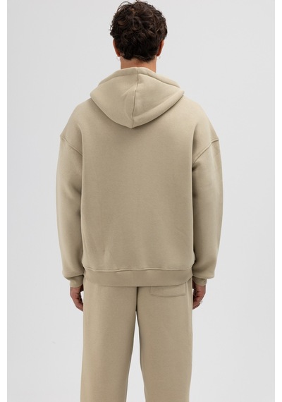 Vamos Basic Fermuarlı Oversize Kapüşonlu Sweatshirt Haki