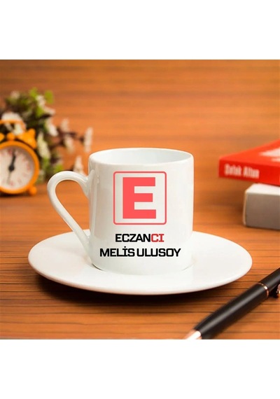 Eczacıya Hediye E Amblemli İsme Özel Kahve Fincanı Tekli Beyaz