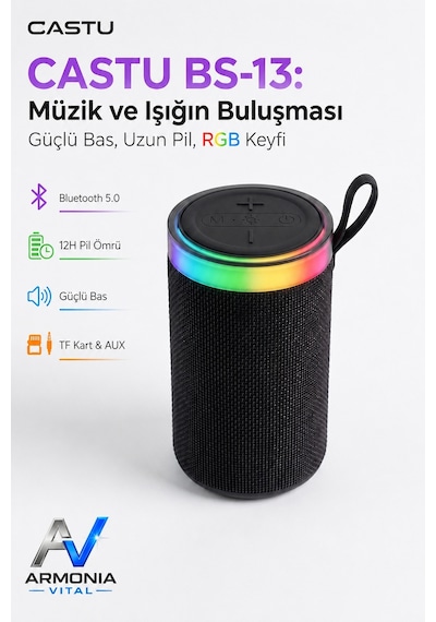 BS-13 RGB LED Işıklı Taşınabilir Bluetooth Hoparlör Yüksek Sesli Kablosuz Speaker AUX USB SD Kart Destekli Şarjlı