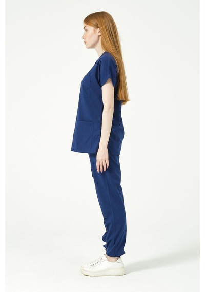 Saks Mavi Likralı Scrubs Kargo Cep Jogger Paça Doktor Hemşire Forması Yarasa Kol Takım Unisex