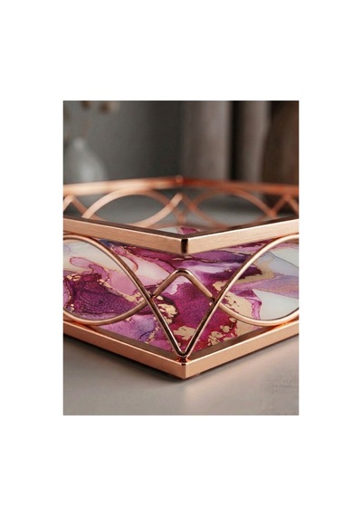 30 Cm Dekoratif Lüks Tepsi - Mermer Desenli Rose Gold Metal Organizer, Söz Nişan Tepsisi, Sunum Tepsisi - 882938737 Diğer