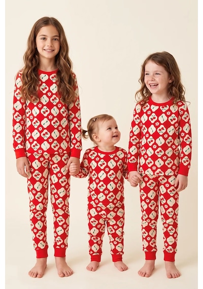 Zuzunga Kız Çocuk Kiraz Ve Papatya Desenli Kırmızı Uzun Kollu Alt Üst Pijama Takımı