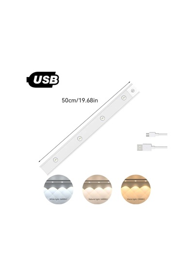 60 Cm Hareket Sensörlü 3 Renk Işık Usb Şarj Mutfak, Dolap, Gece Lambası Slim Alüminyum Kasa