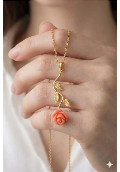 Çekirdekjewelry 925 Ayar Gümüş Pembe Güllü Ters Kolye Sarı