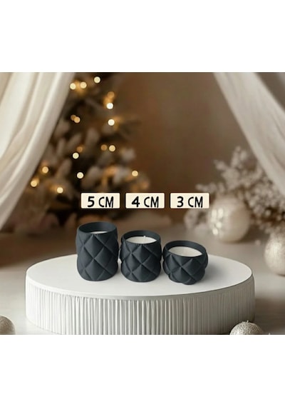 Kapitone Desen 3'lü Tealight Mumluk Seti - Mum Hediyeli Koyu Gri
