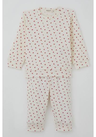 Breeze Kız Bebek Pijama Takımı Omuzdan Patlı Kiraz Desenli 4 Ay-1 Yaş, Krem Krem