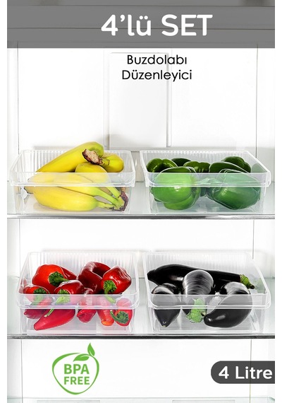 4 Adet Dolap İçi Buzdolabı Düzenleyici - Buzdolabı Organizer Sepet Meyve Sebze Saklama Kabı 4 Litre Şeffaf
