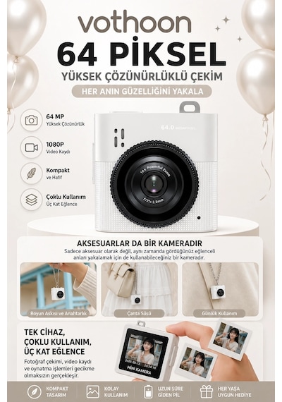 Mini Dijital Kamera 64mp 16x Digital Zoom Retro Vintage 1.4 Ekranlı Video Kamera Taşınabilir Tasarım Beyaz Çok Renkli