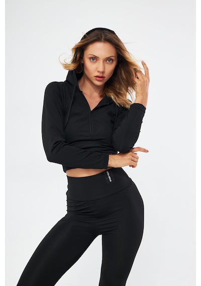 Lesa Wear Kapüşonlu Içi Polarlı Yumuşacık Şardonlu Kaşkorse Crop Likralı Sweatshirt Siyah