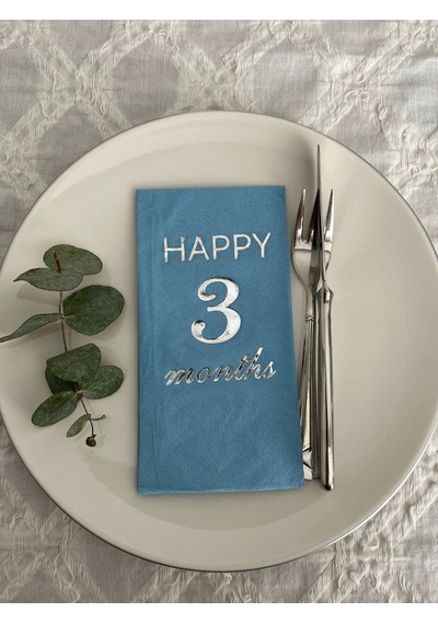 Gümüş Yaldızlı Mavi Happy 3 Yaş Months Garson Katlama Peçete 16 Adet