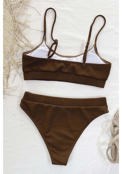 Angelsin Yüksek Bel Fitilli Kumaş Tankini Bikini Üstü Kahverengi