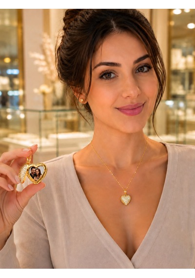 Kalp Figürlü Açılır Fotoğraf Kolyesi Anı Kolyesi Gold