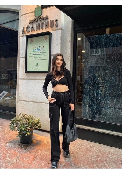 Lavajeans Beyaz Dikiş Detaylı Siyah Kargo Cep Jean Pantolon Siyahbyz Siyah - Beyaz