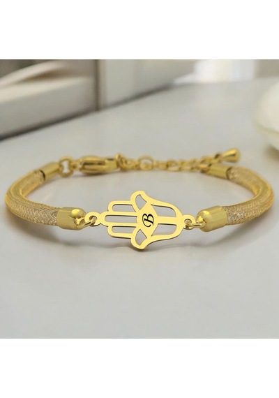 B Harfine Özel Hamsa Motifli 14 Ayar Altın Plakalı Hasır Kordonlu Hediye Bileklik-499harf B