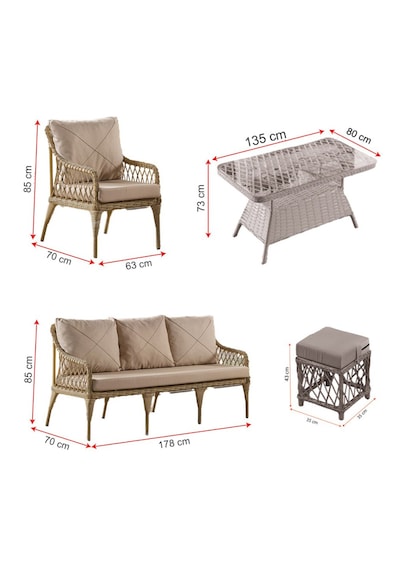 Joy Rattan Puflu Bahçe Balkon Takımı 3+1+1+camlı Masa Cappuccino Cappuccino