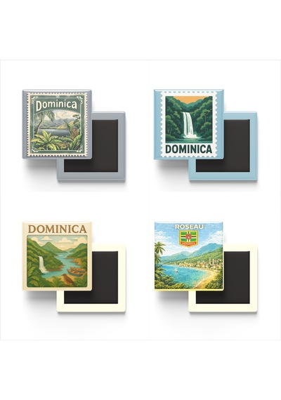 9x9 Cm Buzdolap Magnetleri - Dominika - Dominica - 4'lü Set Retrotik - 9x9 Cm