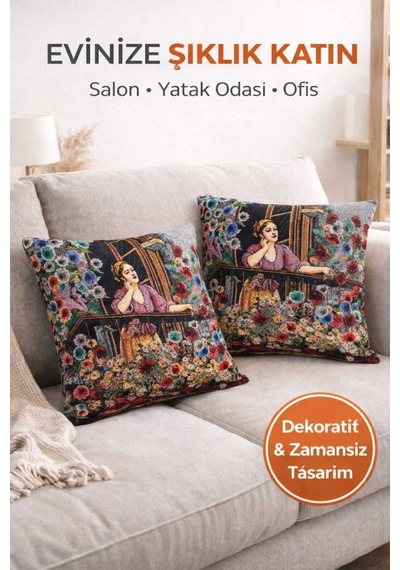 Goblen Balkondaki Kadın Desen Kırlent Kılıf Kahverengi