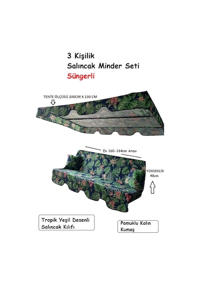 Süngerli 3 Kişilik Salıncak Minder Seti -tropik Yeşil