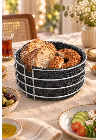 Mat Gümüş Yuvarlak Ekmek Sepeti, Ekmeklik Sunum Sepeti, Antrasit Gri Makrome Çok Amaçlı Paslanmaz Metal Renkli