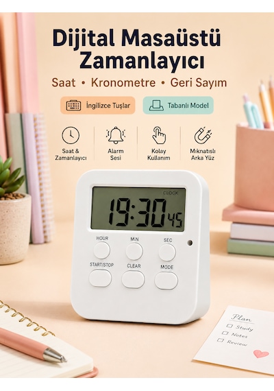 Öğrenci Ders Çalışma Saati Kronometreli Araç Saati Mutfak Buzdolabı Magnet Saat Sınavlara Hazırlık Beyaz