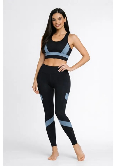Ayle Moda Kadın Spor Takım Büstiyer + Yüksek Bel Tayt Seti Siyah Mavi Şerit Detaylı Fitness Kombin Siyah - Mavi