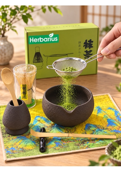 Herbarius 8 Parça Dokulu Mat Siyah Renk Matcha Çayı Hazırlama Seti - Geleneksel Japon Matcha Seti