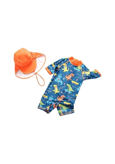 Petityu Upf50+ Güneş Korumalı Kaykay Dinazor Desenli Turuncu Biyeli Şapkalı Tulum Mayo Set Mavi Petityu Upf50+ Güneş Korumalı Kaykay Dinazor Desenli Turuncu Biyeli Şapkalı Tulum Mayo Set Mavi