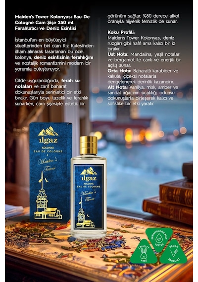 Maiden's Tower Kolonyası Eau De Cologne Cam Şişe 250 Ml Türkiye Serisi Okyanus Ferahlığı Kokusu