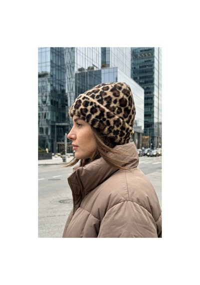 Emybox Desenli Shaggy İplik Yumuşak Dokulu Peluş Kadın Bere - Kışlık Soft Kahverengi Leopar