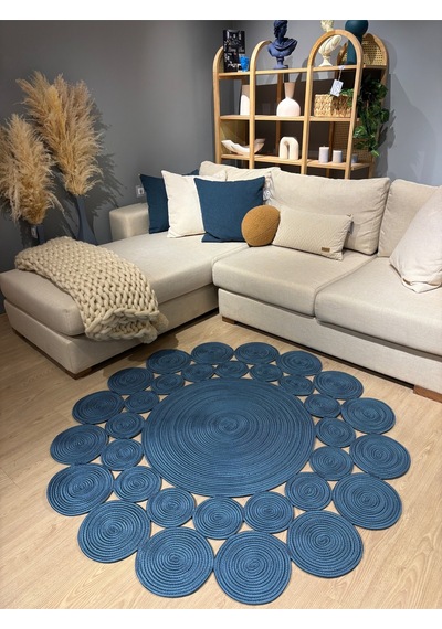 Mavaux Papatya Hasır Jüt Çiçek Desenli Kilim Halı Mavi